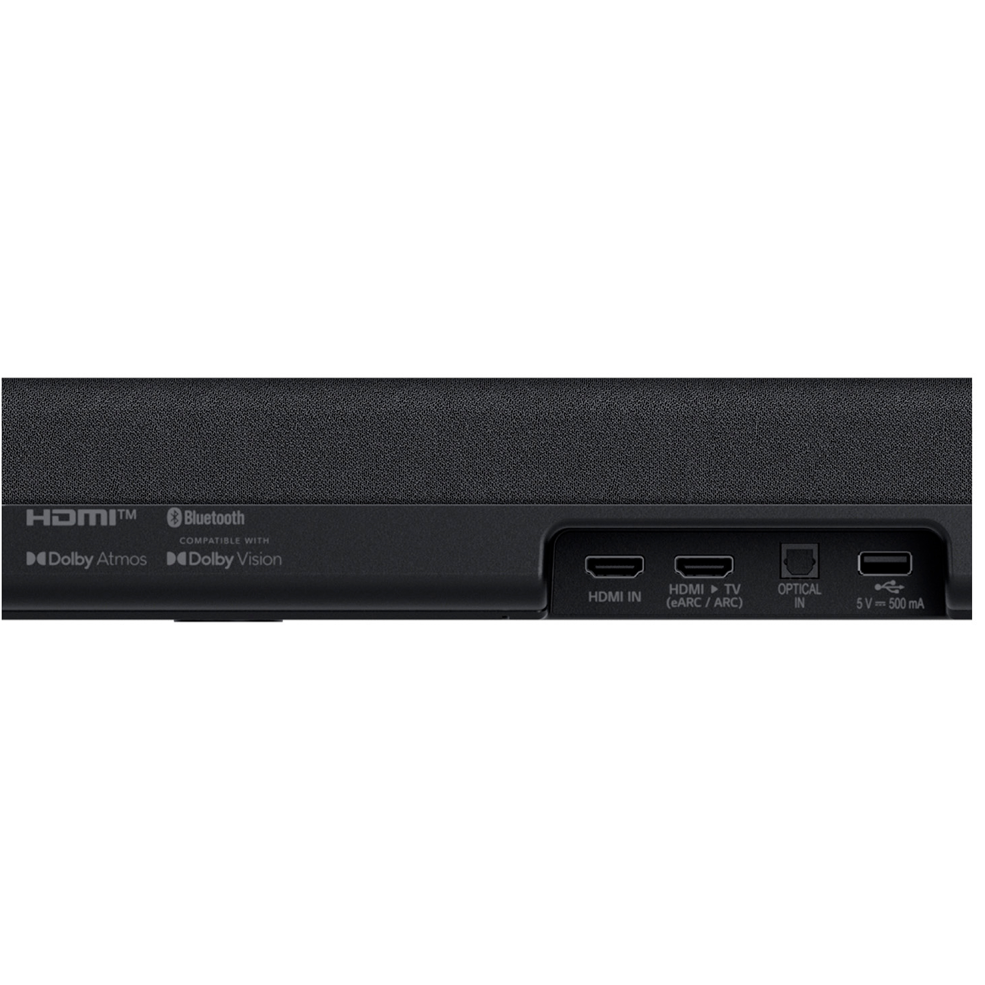 Una barra de sonido con HDMI, Bluetooth y otros puertos de entrada en la parte trasera.