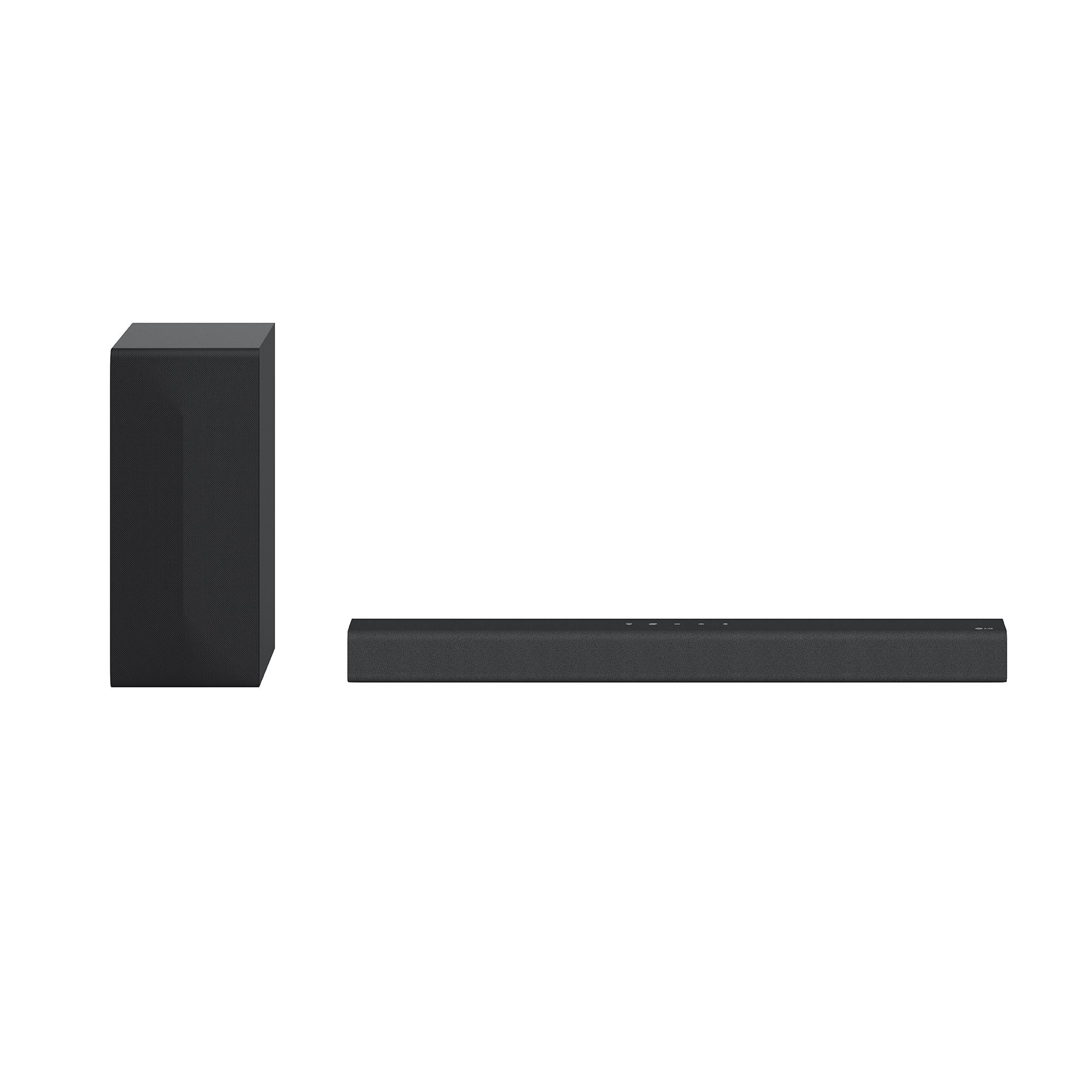 Conjunto de barra de sonido y subwoofer negros, aislado sobre fondo blanco.