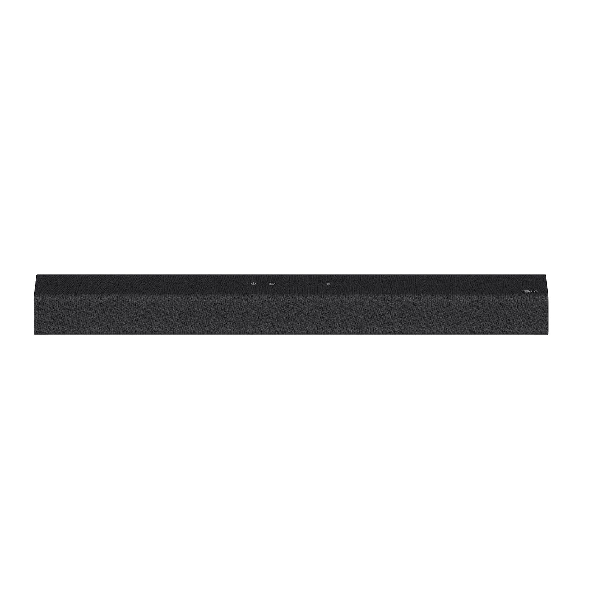 Barra de sonido negra con botones y el logotipo de LG sobre fondo blanco.