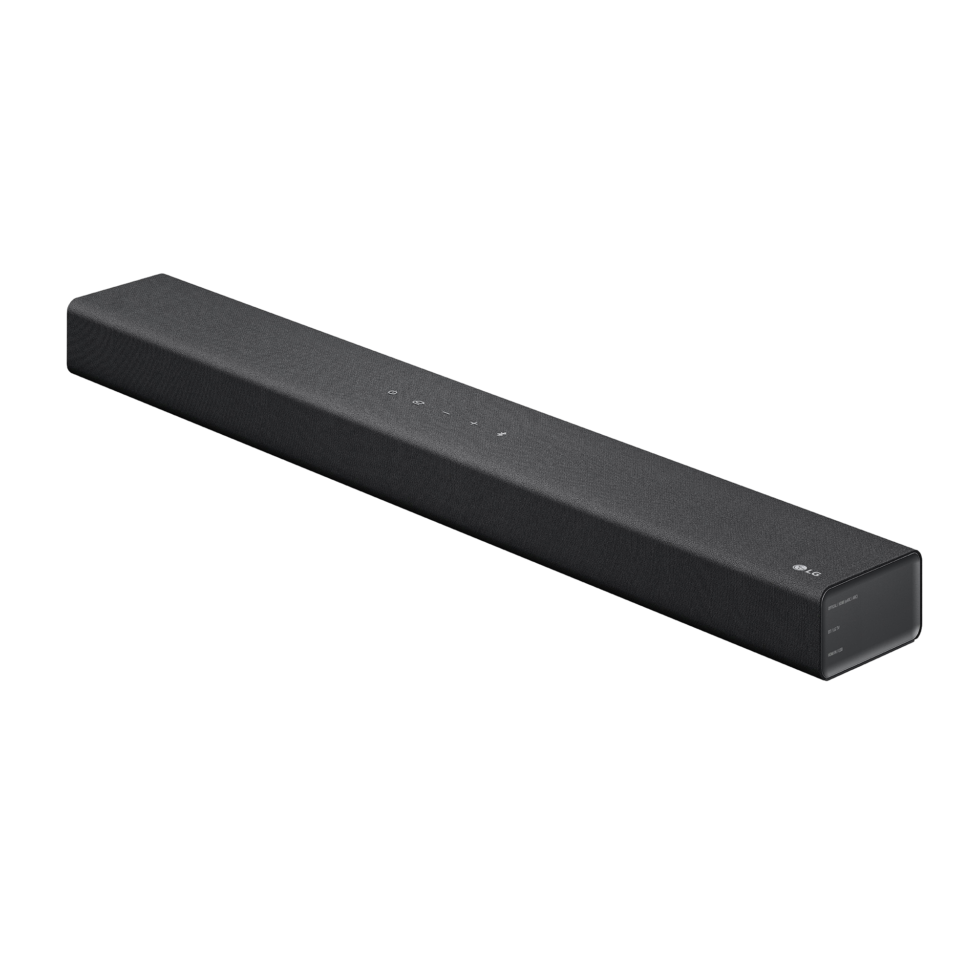 Barra de sonido negra, vista en ángulo. El frente tiene botones y el lateral el logo de LG.