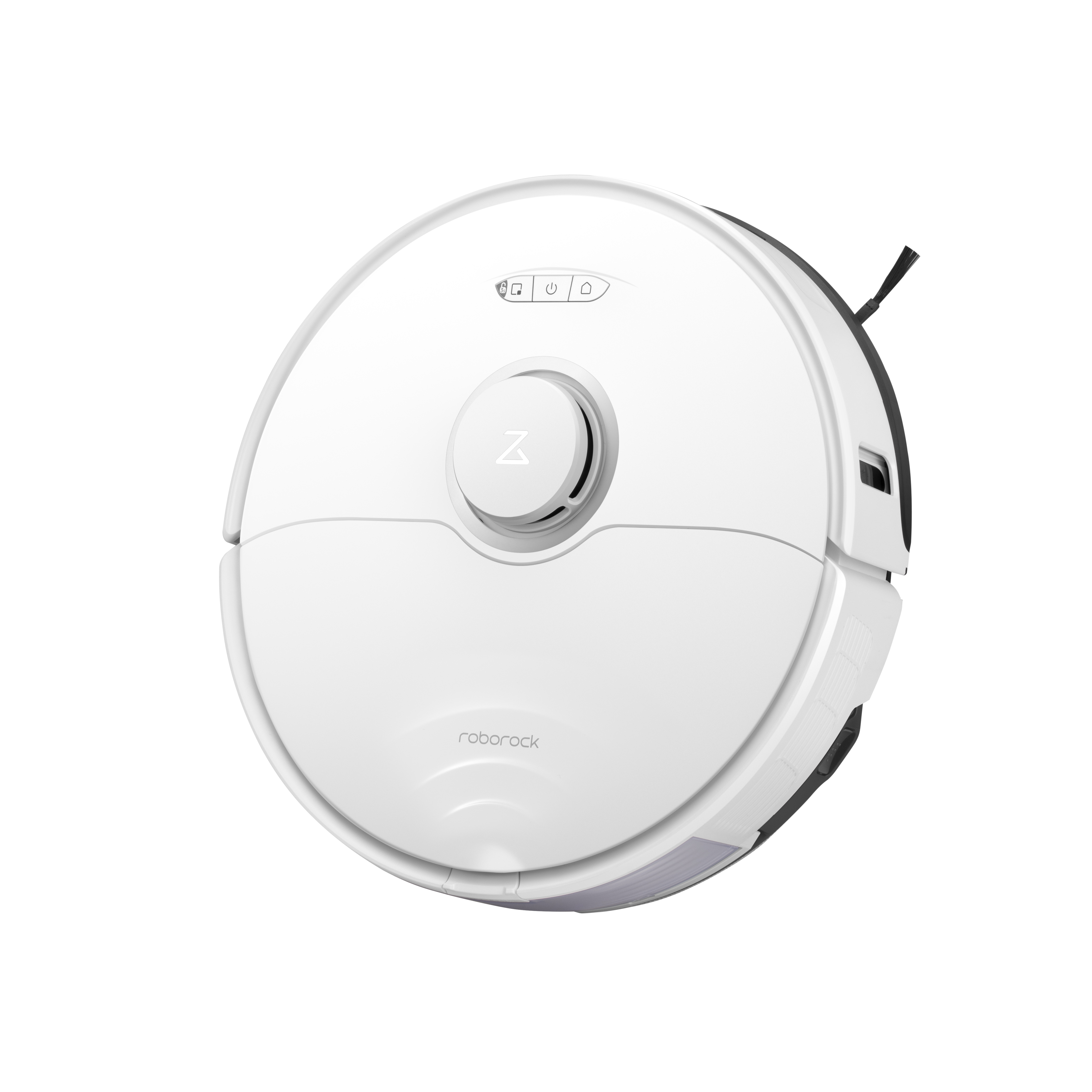 Karanlık bir arka plan üzerinde beyaz Roborock robot süpürge. Yuvarlak bir tasarıma sahip.