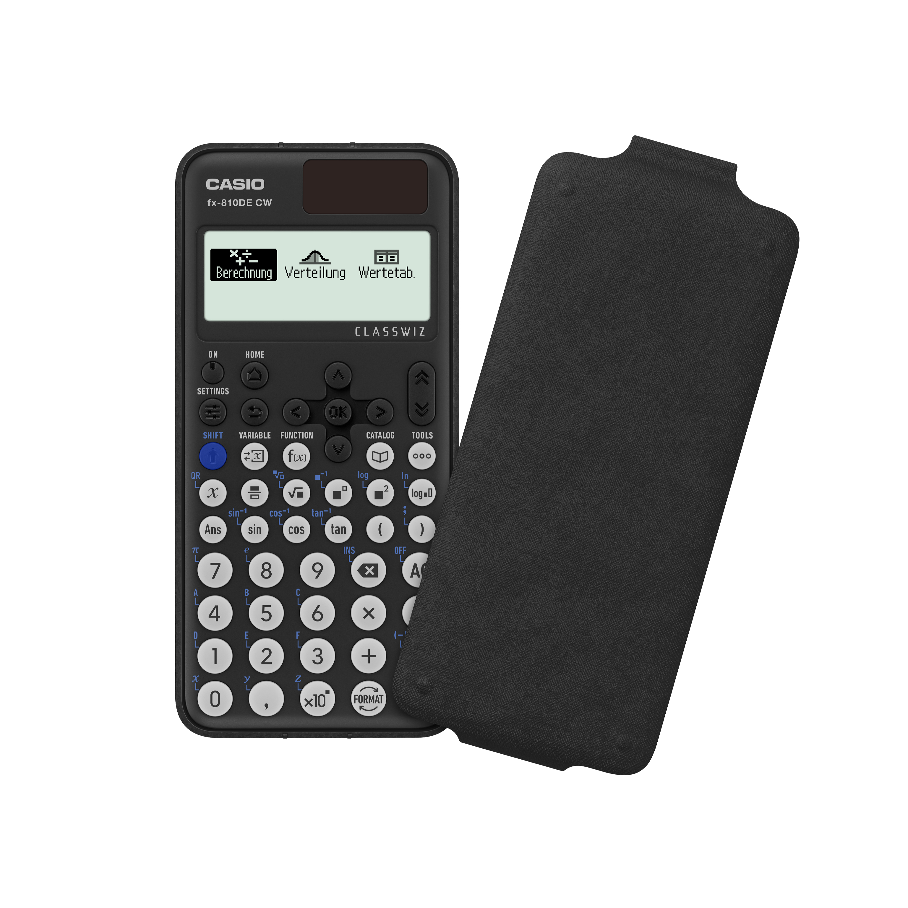 Schwarzer Casio-Taschenrechner mit geöffneter Abdeckung.