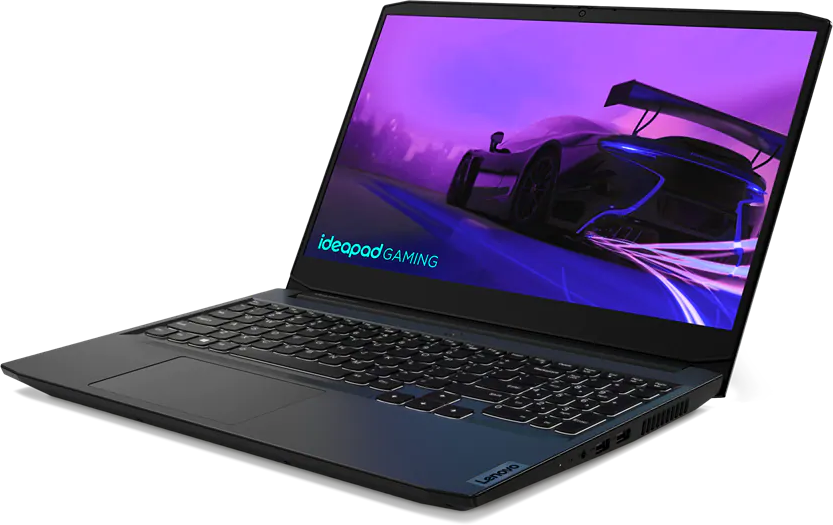 Laptop egy autóversenyt mutató képernyővel. A laptop fekete, gamer dizájnnal.