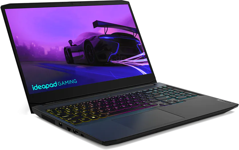 Egy fekete laptop színes billentyűzettel, egy autóversenyzős játék jelenetét mutatja.
