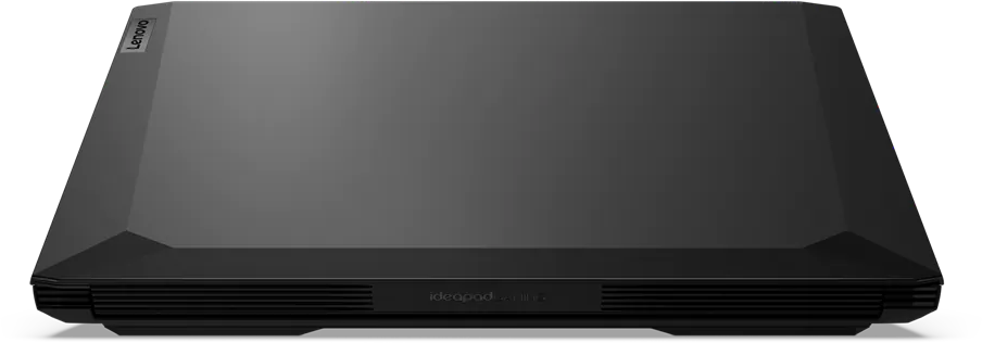 Egy zárt fekete Lenovo Ideapad laptop felülnézete, fekete háttéren. Az Ideapad logó látható.