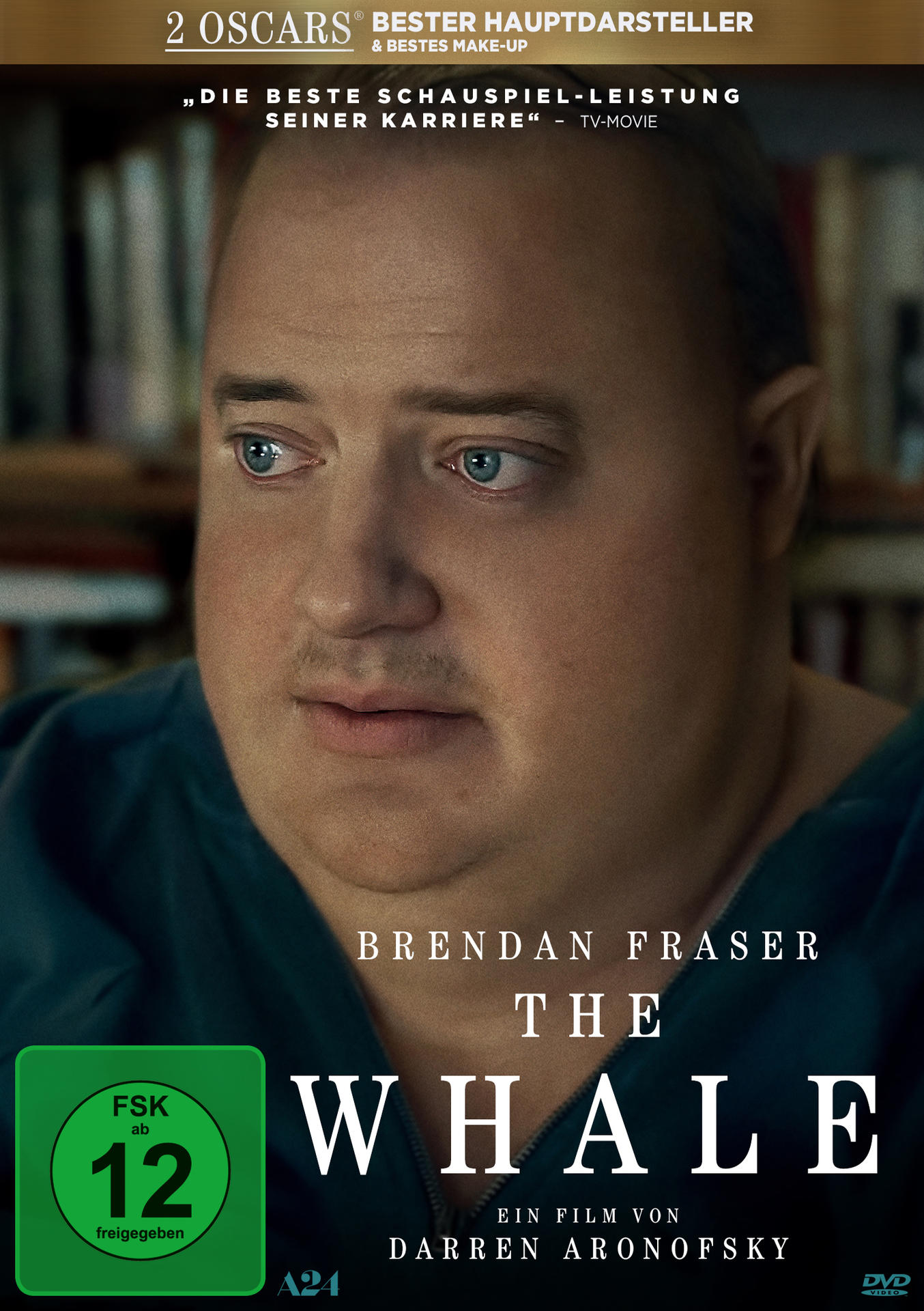 Filmplakat: Nahaufnahme von Brendan Fraser. Titel: The Whale. FSK 12-Logo. 2 Oscars, Bester Schauspieler.