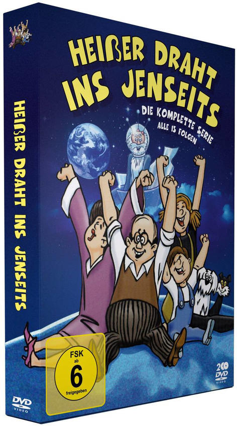 DVD-Box mit Zeichentrickfiguren und dem Titel 'Heißer Draht ins Jenseits' auf Deutsch.