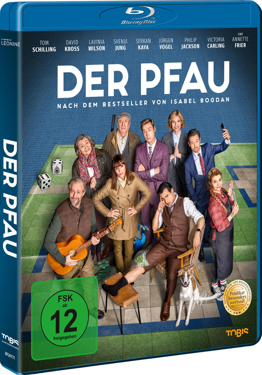 DVD-Hülle mit einer Gruppe von Leuten. Der Titel lautet Der Pfau. Blaue Hülle mit Text an der Seite.