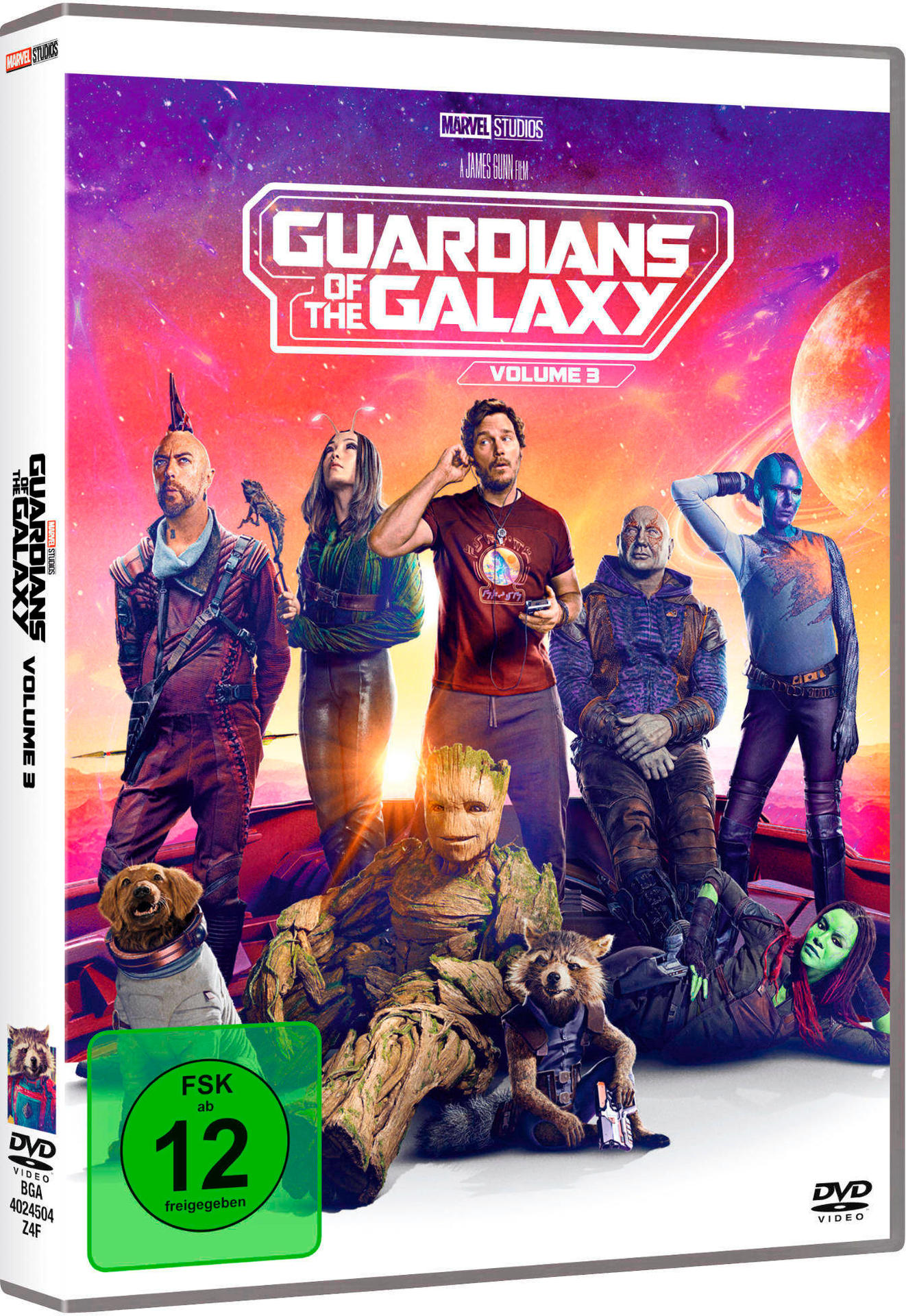 DVD-Cover für Guardians of the Galaxy Vol. 3, mit Charakterkunst und Titel.