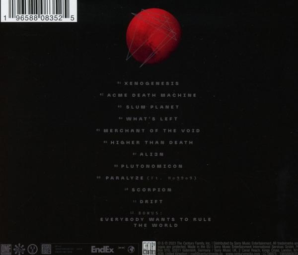 Die Rückseite eines Albums mit Titeln und einem roten Kreis auf Schwarz.