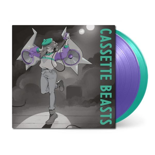 Cassette Beasts Vinyl-Cover. Cartoon-Stil, Mädchen mit Flügeln, die einen Ghettoblaster hält. Grünes und lila Vinyl.