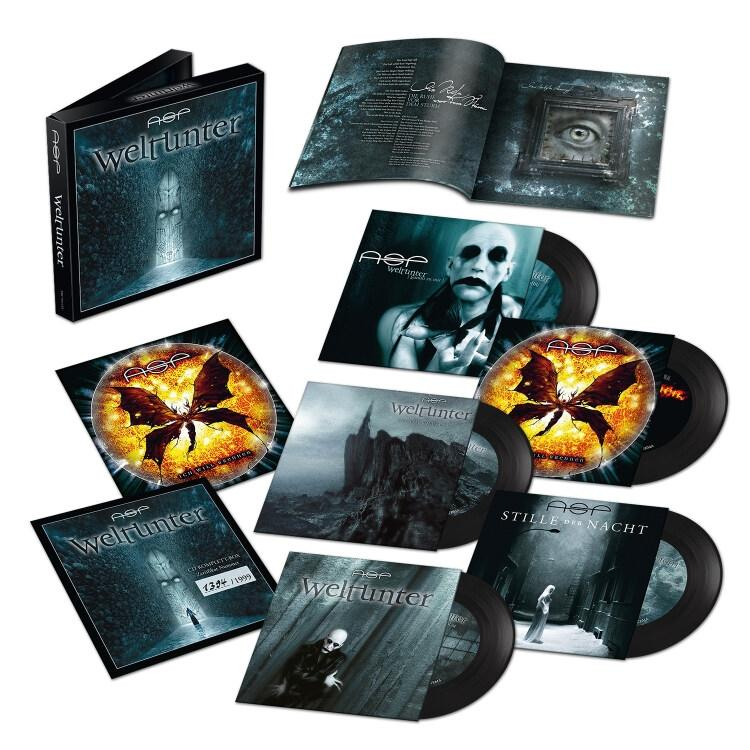 Album-Set, schwarze Box, CDs, Vinyls und Booklet. Weißer Hintergrund.