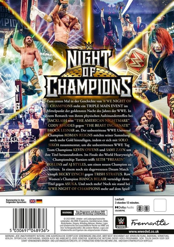 WWE Night of Champions DVD-Cover mit Wrestlern und Eventdetails. Rückseite mit Logos.