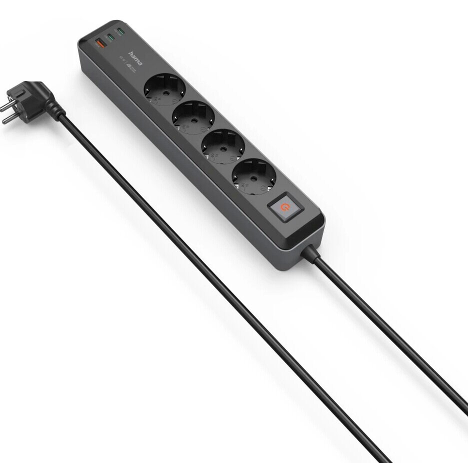Czarny przedłużacz z 4 gniazdami, przyciskiem zasilania i czarnym kablem z wtyczką.