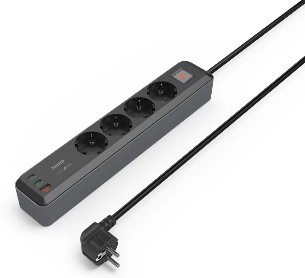 Ciemnoszara listwa zasilająca z czterema gniazdami, przyciskiem zasilania i portami USB. Czarny kabel.