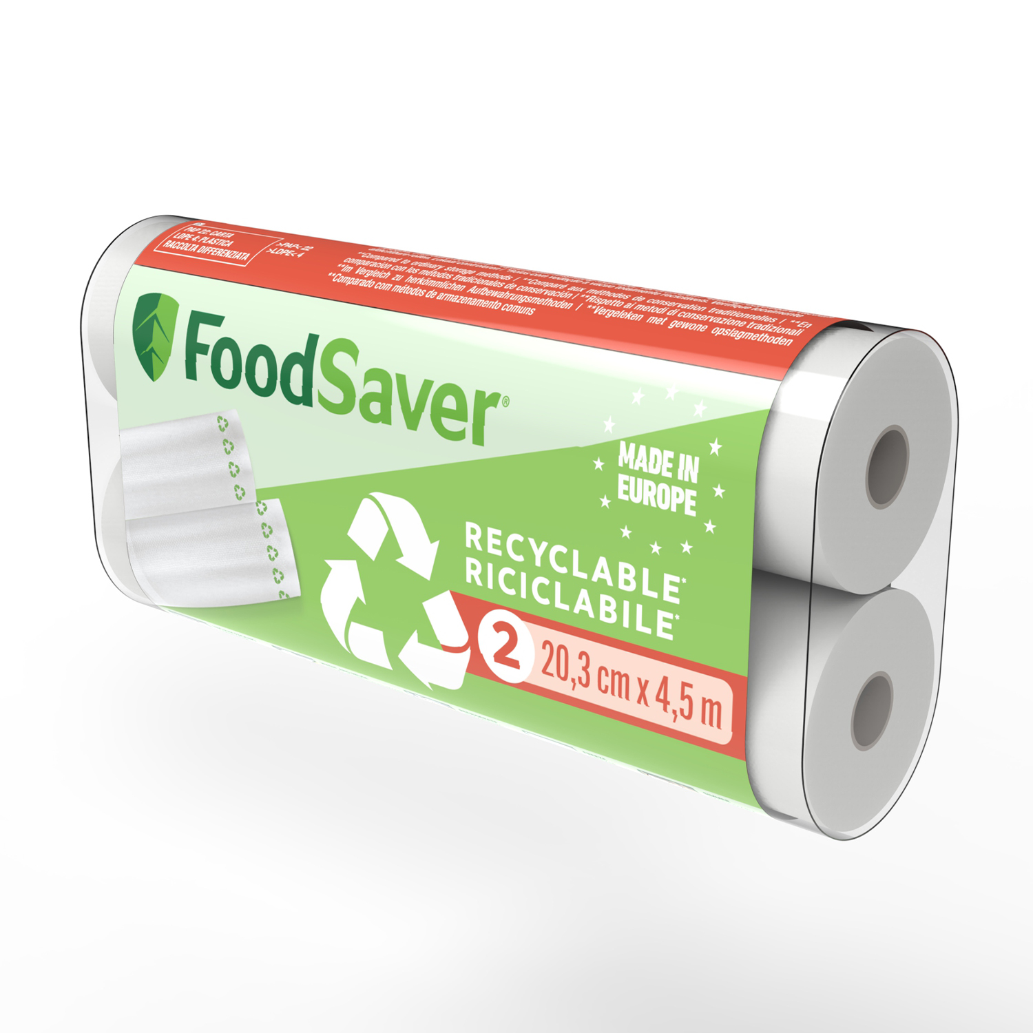 Rotoli FoodSaver, due rotoli in una confezione. Sfondo bianco.