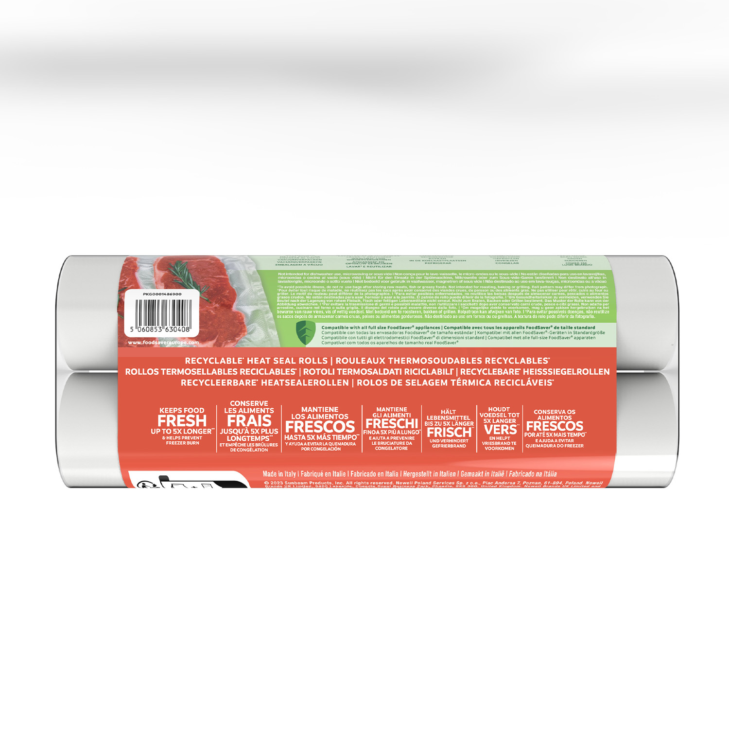 Due rotoli di confezione di rotoli termosaldanti con etichette di testo, sfondo bianco.
