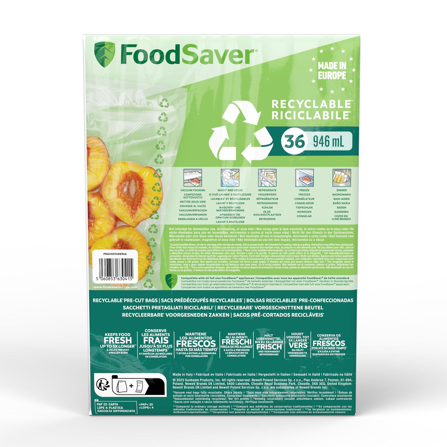 Confezione di sacchetti per sottovuoto FoodSaver. Verde, bianco e trasparente. Contiene frutta e testo sulla conservazione degli alimenti.