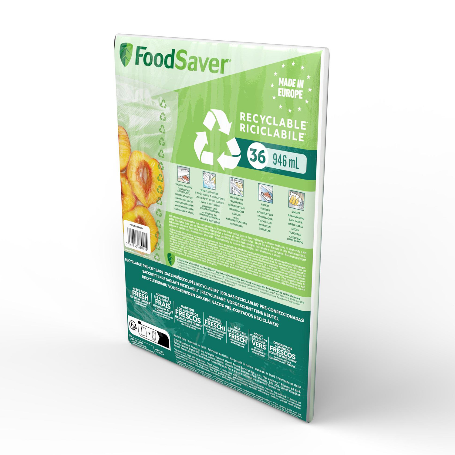 Confezione di sacchetti FoodSaver con grafica di pesche e simboli di riciclo.