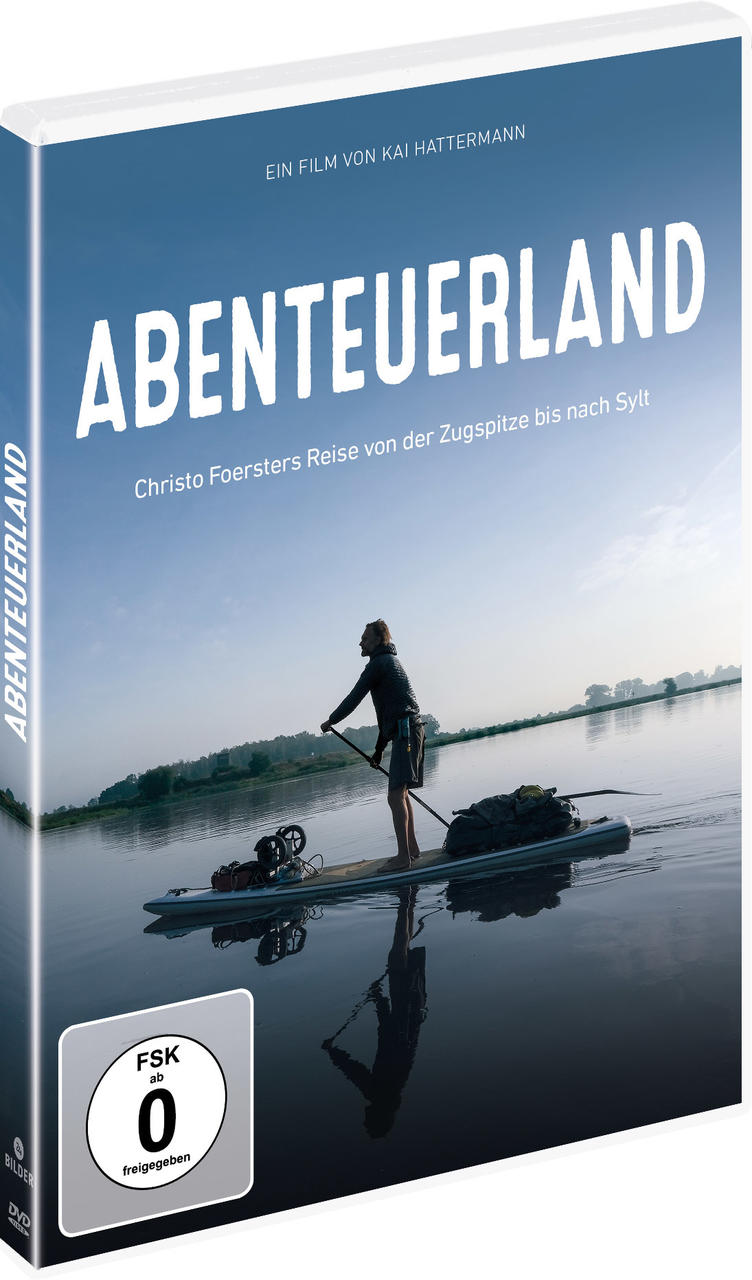 DVD-Hülle eines Films, mit einer Person auf einem Paddleboard. Der Titel ist "ABENTEUERLAND".