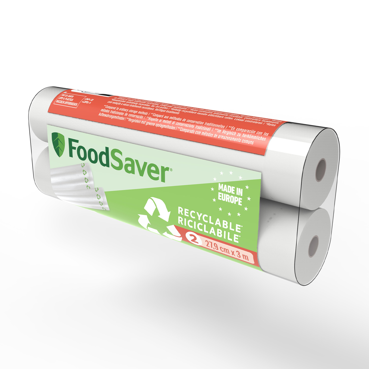 Rotoli di sacchetti sottovuoto FoodSaver. Confezione verde e bianca con info di riciclo.