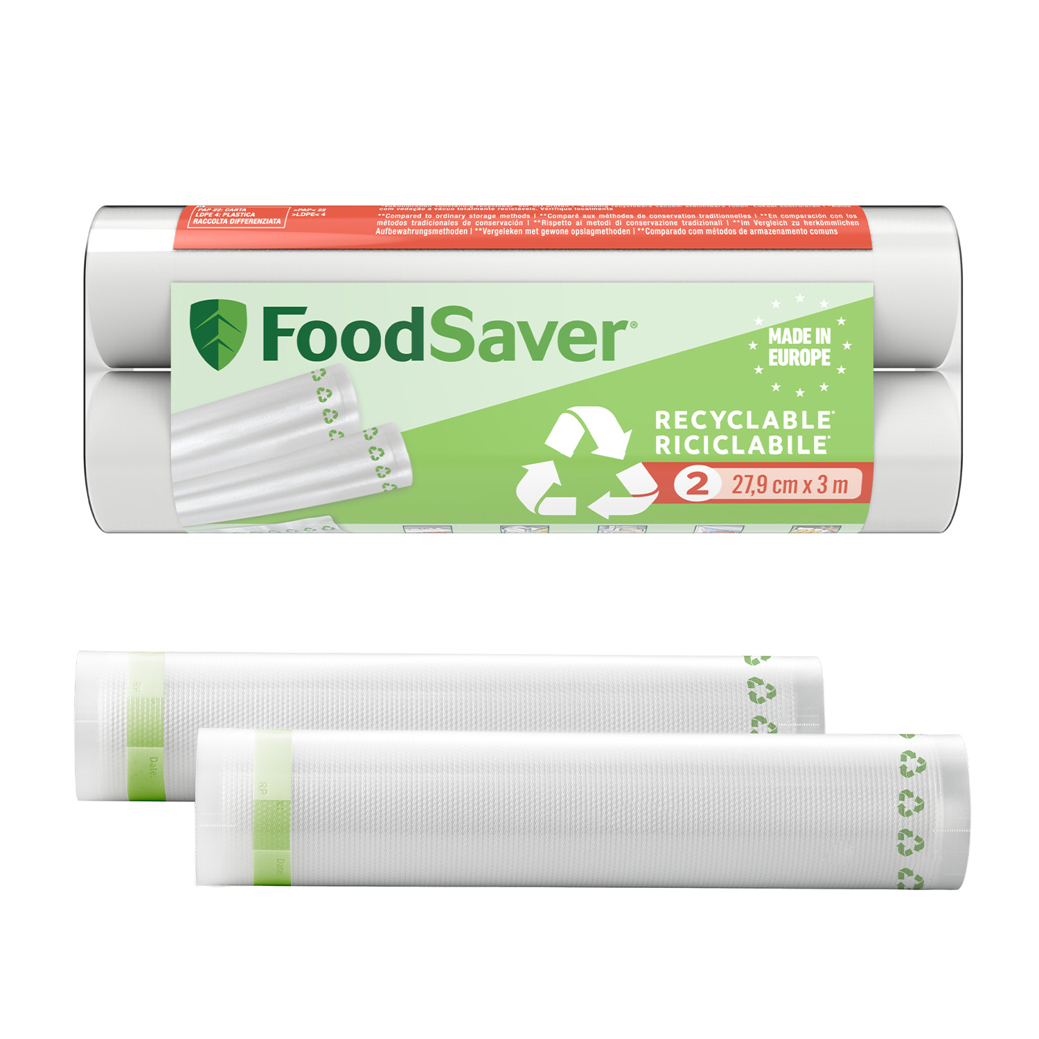Due rotoli di sacchetti sottovuoto FoodSaver. Una pila di due sopra due rotoli singoli.