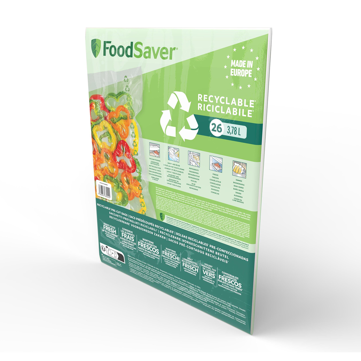 Borsa FoodSaver, piena di peperoni a fette colorati. Logo verde, testo e simbolo del riciclo sullo sfondo.