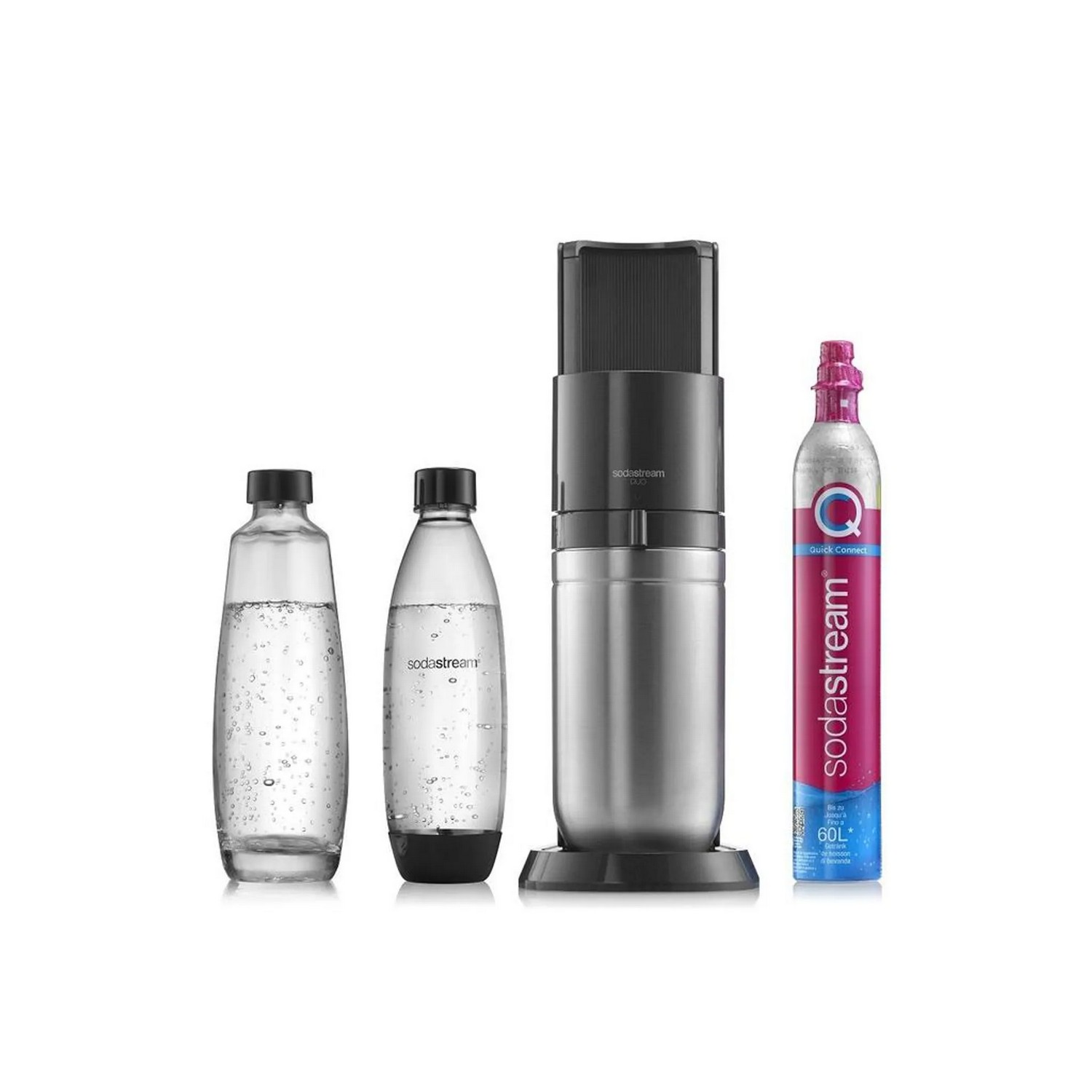 SodaStream machine with bottles and gas cylinder. White background. SodaStream branding is visible.