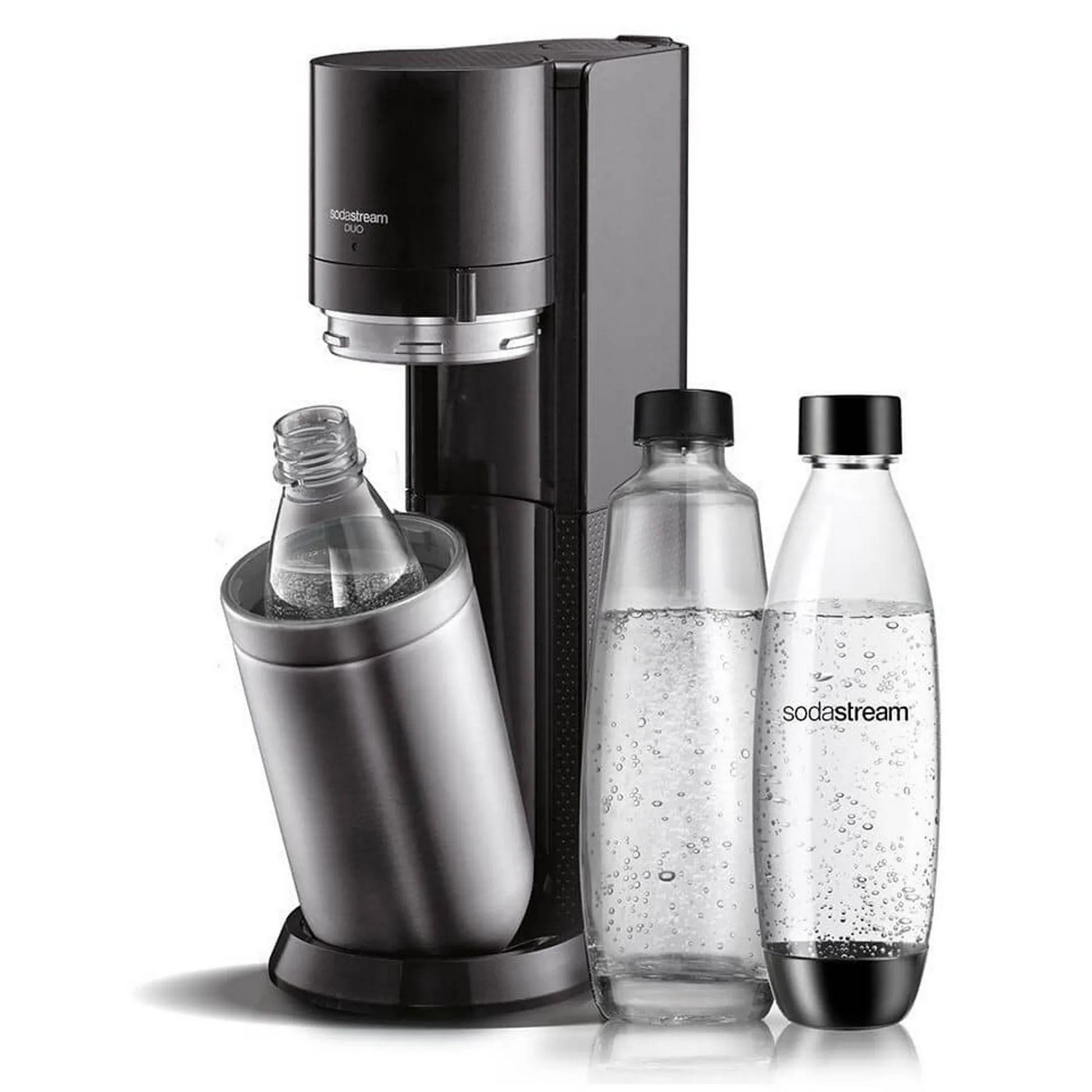 Black SodaStream Duo machine with two bottles and a bottle in a holder.