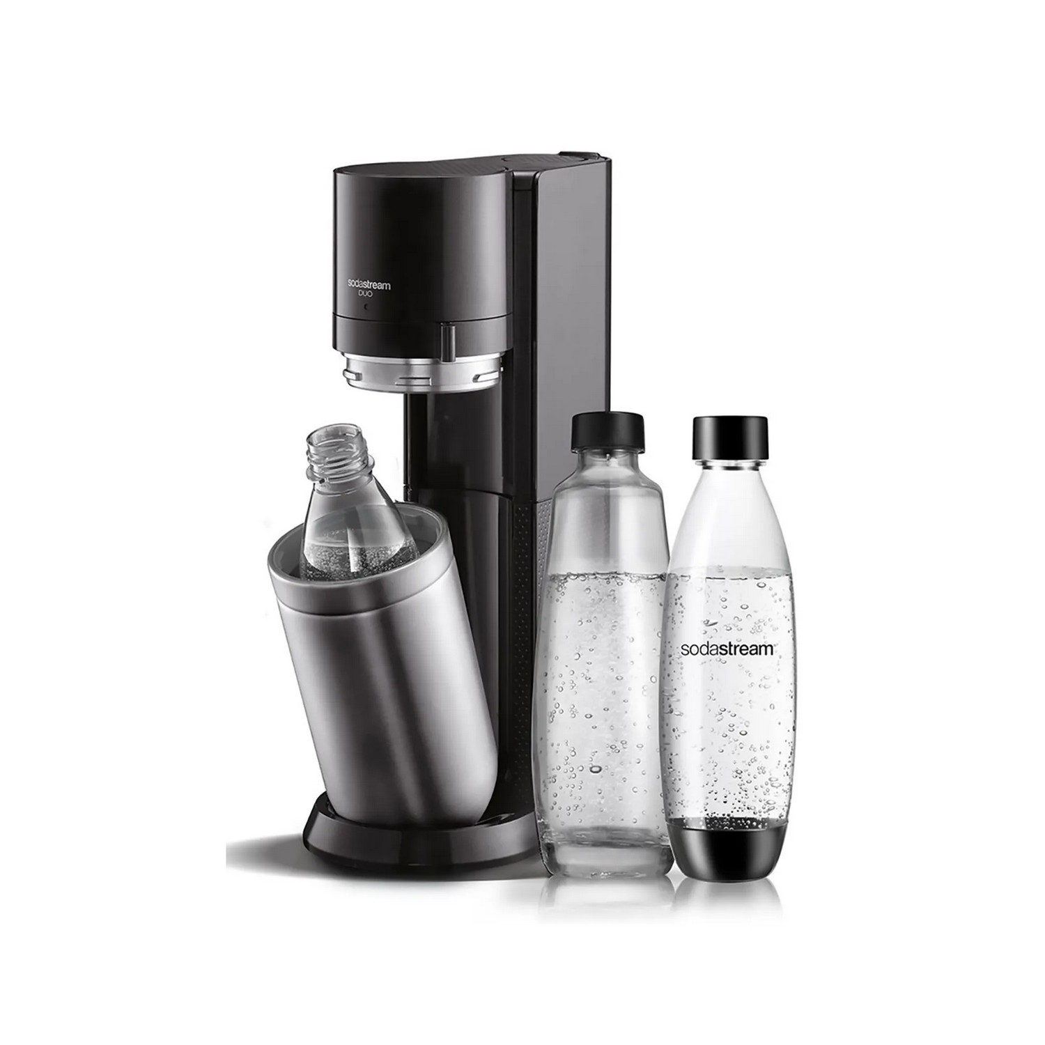 Soda machine with bottles. Black machine with silver bottle holder and 2 bottles.