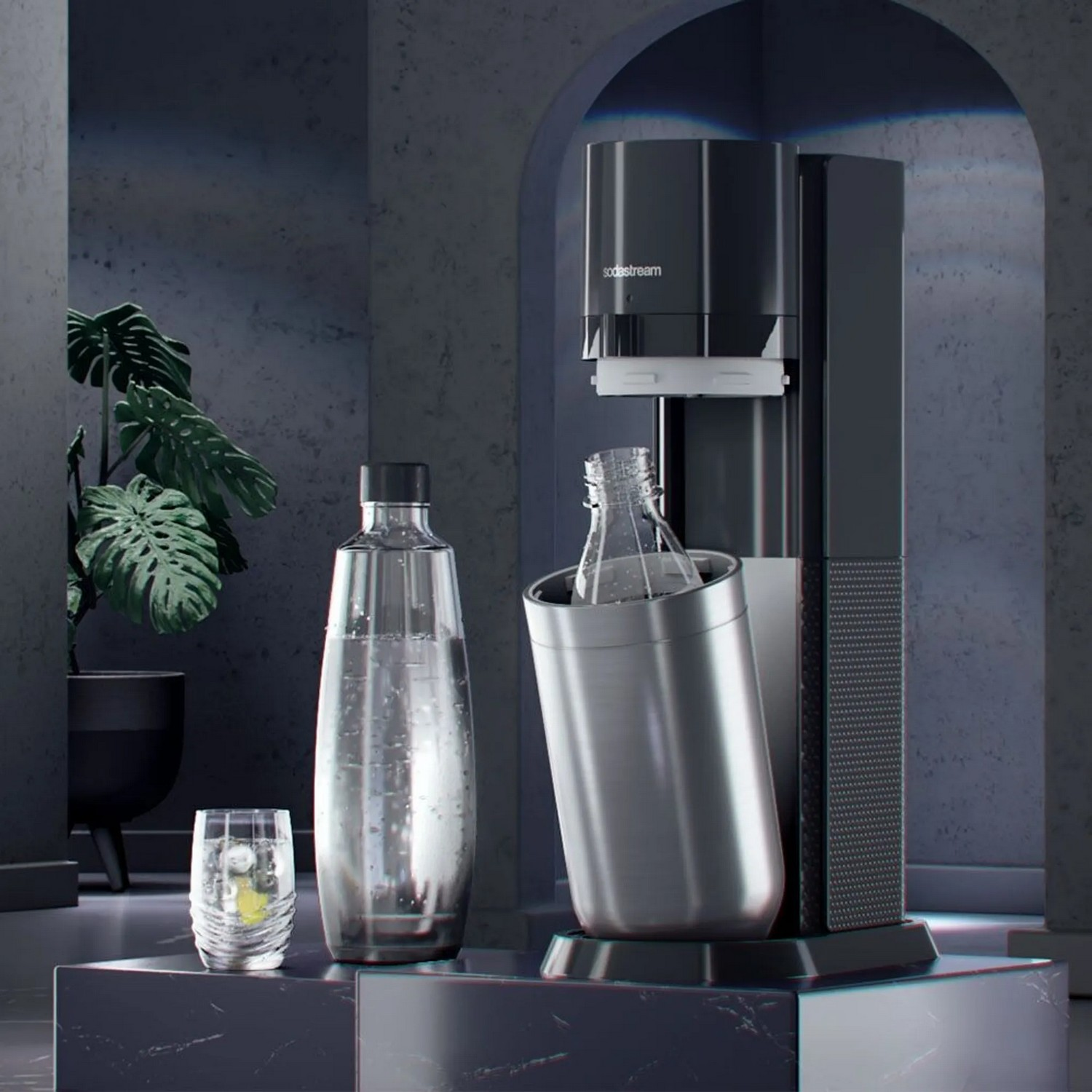 SodaStream machine with bottles. Two bottles, one in the machine.