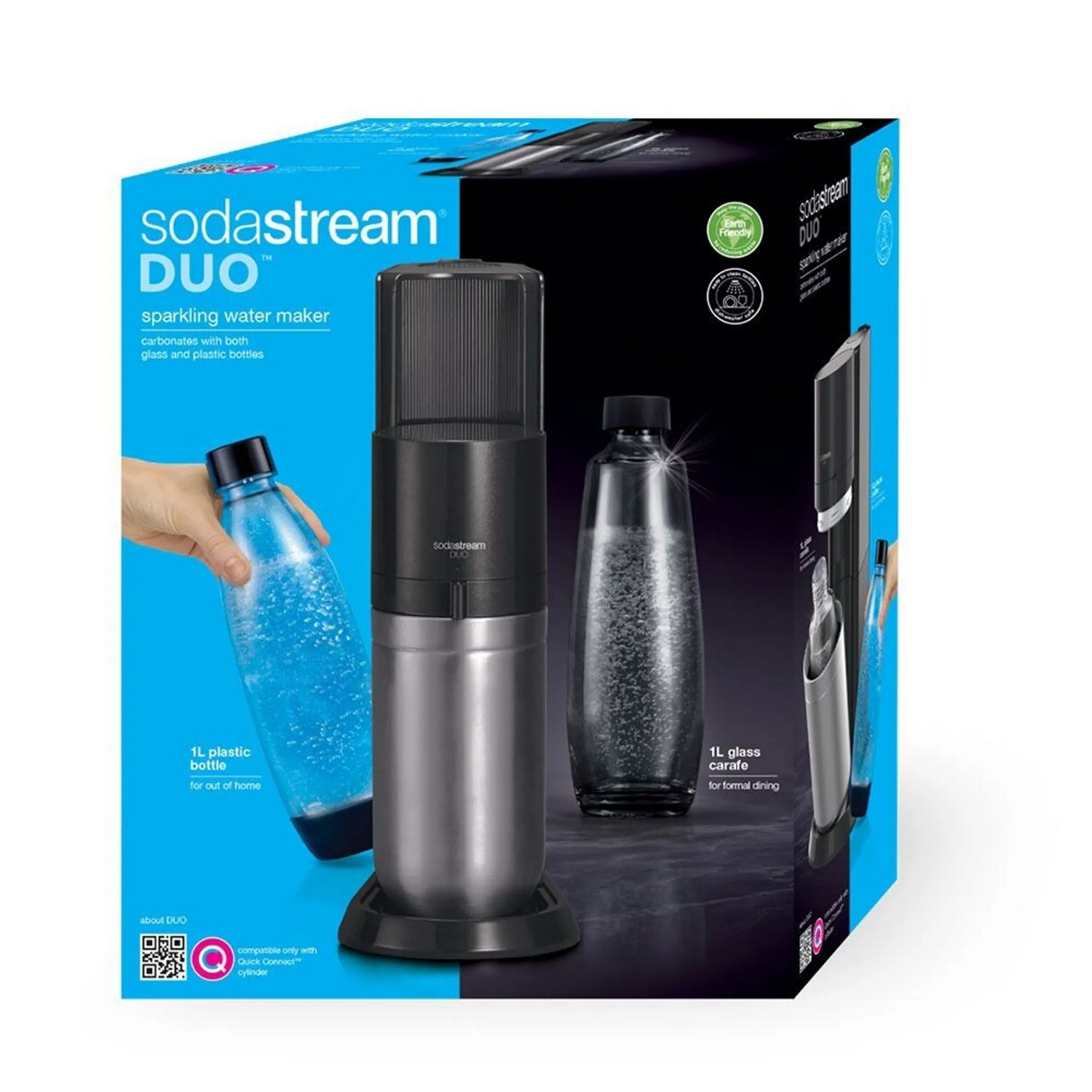 Blue and black SodaStream DUO sparkling water maker in a box.