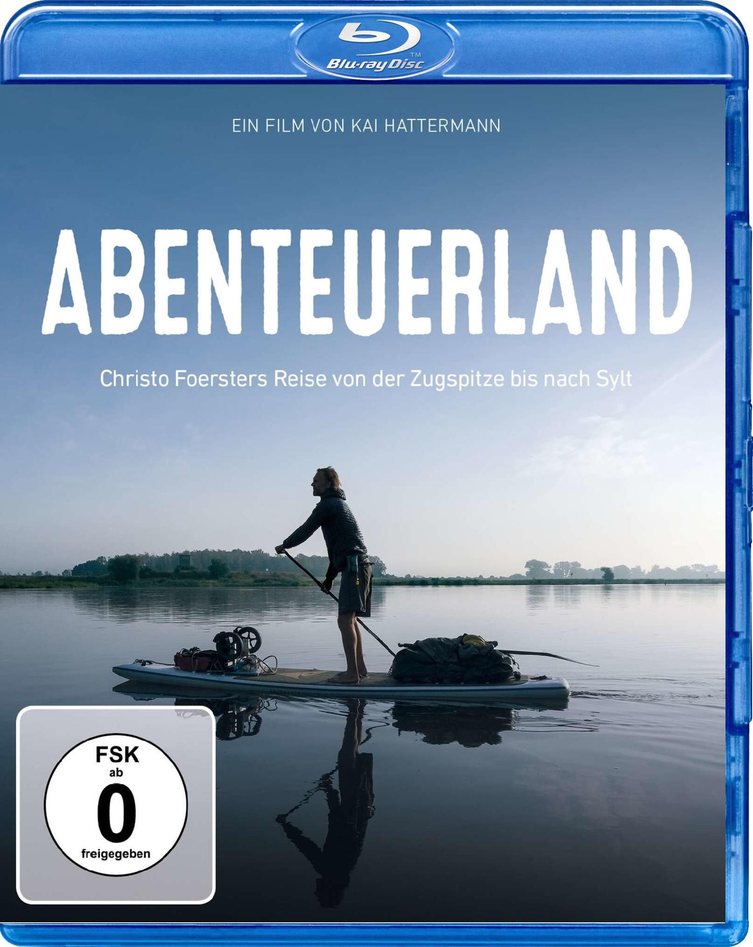Blu-ray-Hülle mit einem Mann auf einem Paddleboard. Blauer Himmel und Wasser. Weißer Text.