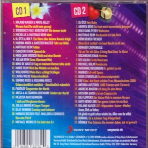 Rückseite einer CD mit Titellisten auf Deutsch, Blumen und Kirschen. Der Hintergrund ist lila.