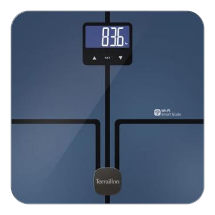 Digitale Waage mit der Zahl 83,6 auf einer blauen Oberfläche.