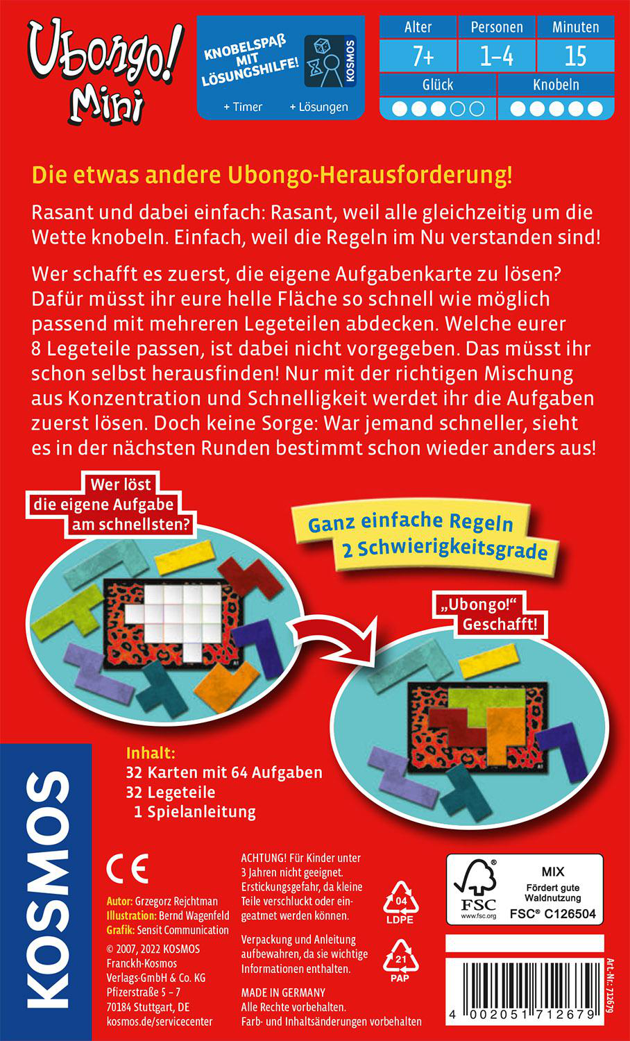 Eine Brettspielbox mit Text und bunten Spielsteinen. Die Box ist für Ubongo Mini.