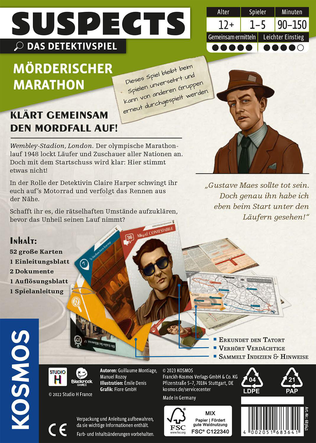 Rückseite einer Brettspielbox mit Text und Illustration eines Detektivs.