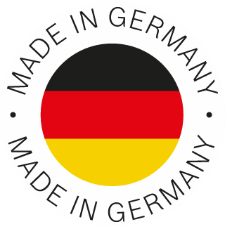 Runder Aufkleber mit deutscher Flagge und Text 'MADE IN GERMANY'.
