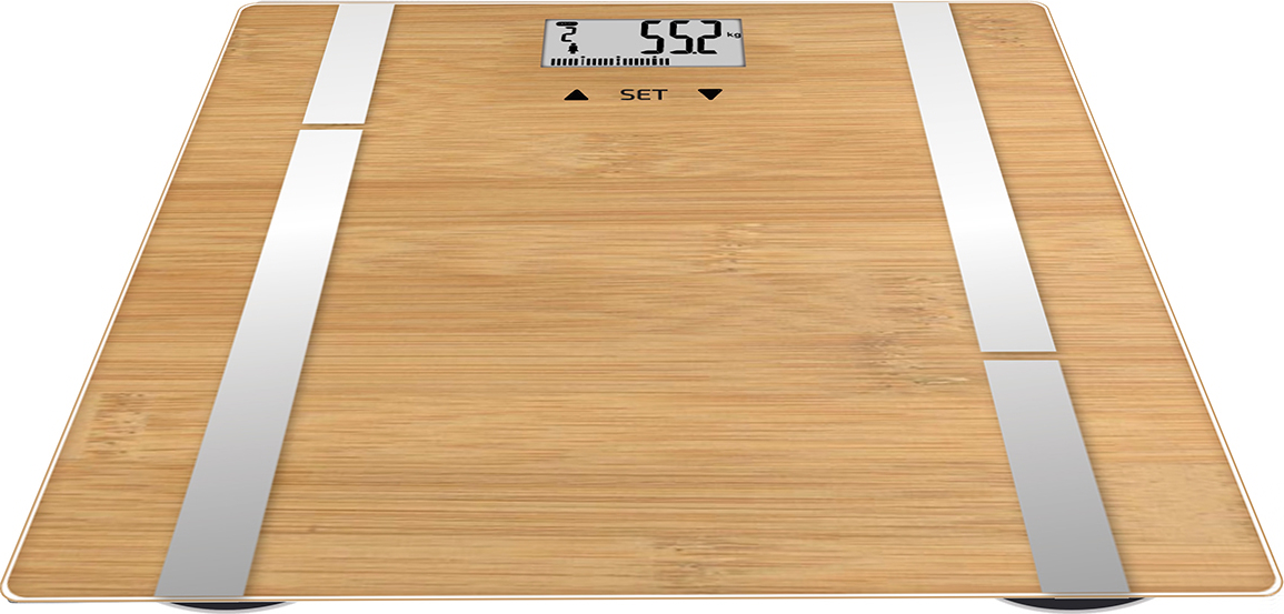 Digitale Bambuswaage mit einem Gewicht von 55,2 kg.