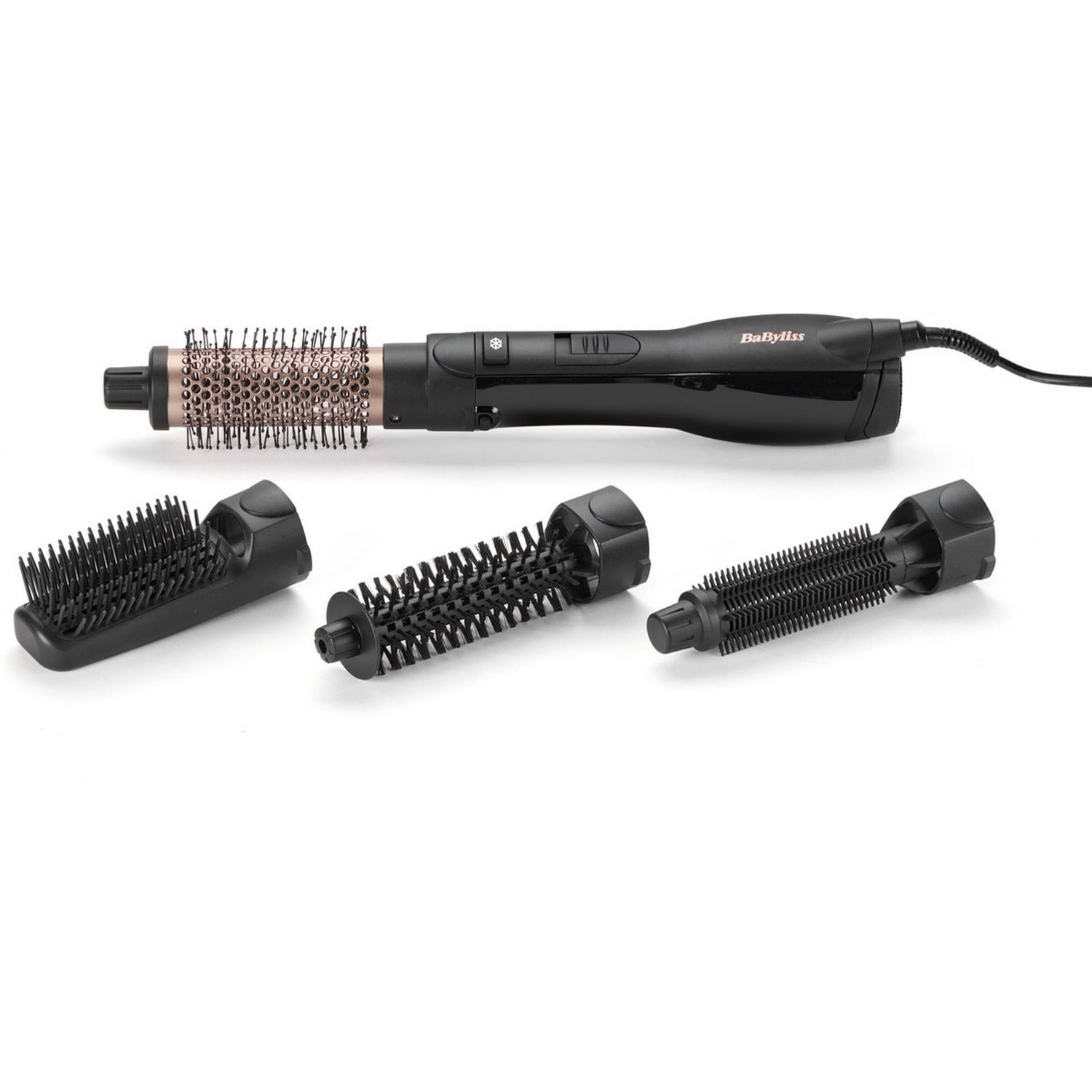 Un styler rotatif noir avec trois têtes de brosse interchangeables.