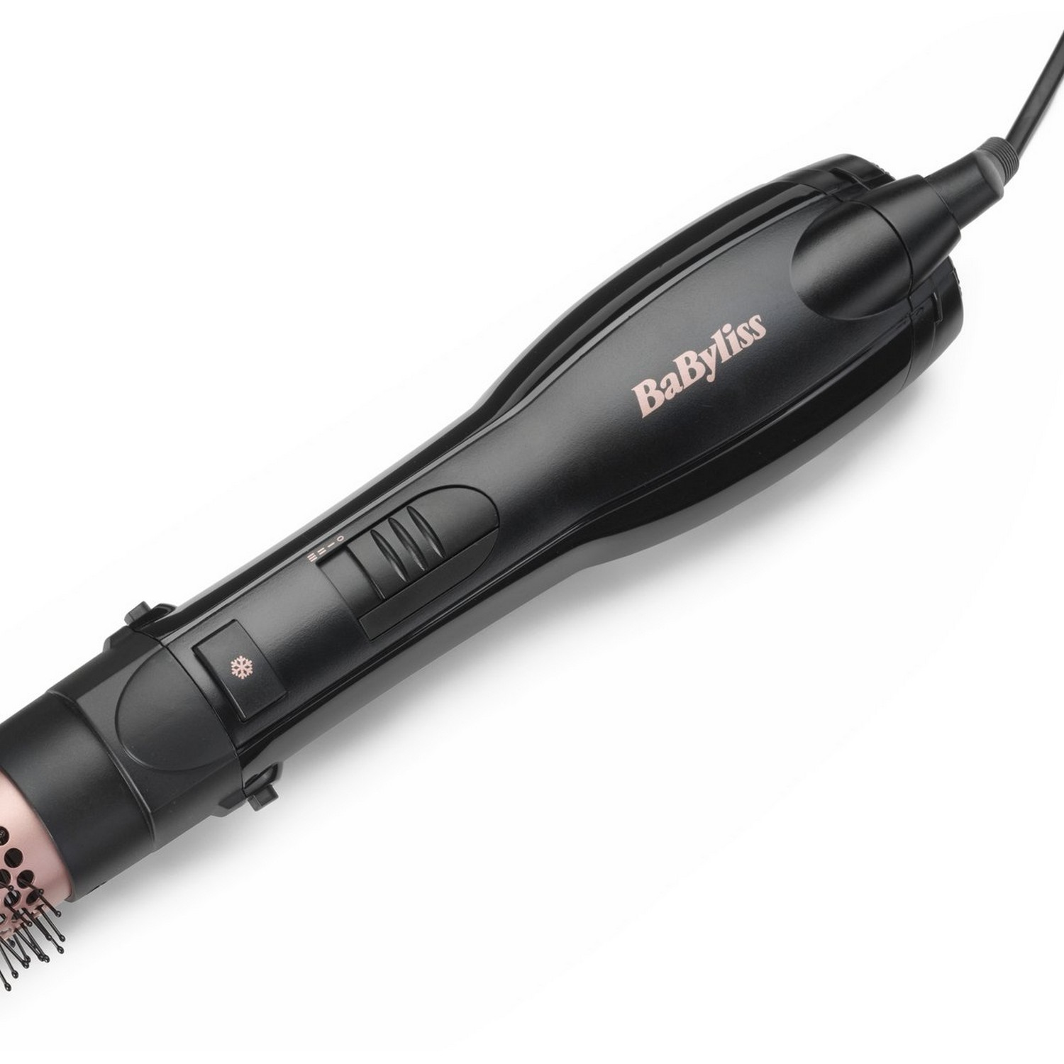 Styler capillaire BaByliss noir sur fond blanc, vue en angle. Manche avec commandes et brosse.