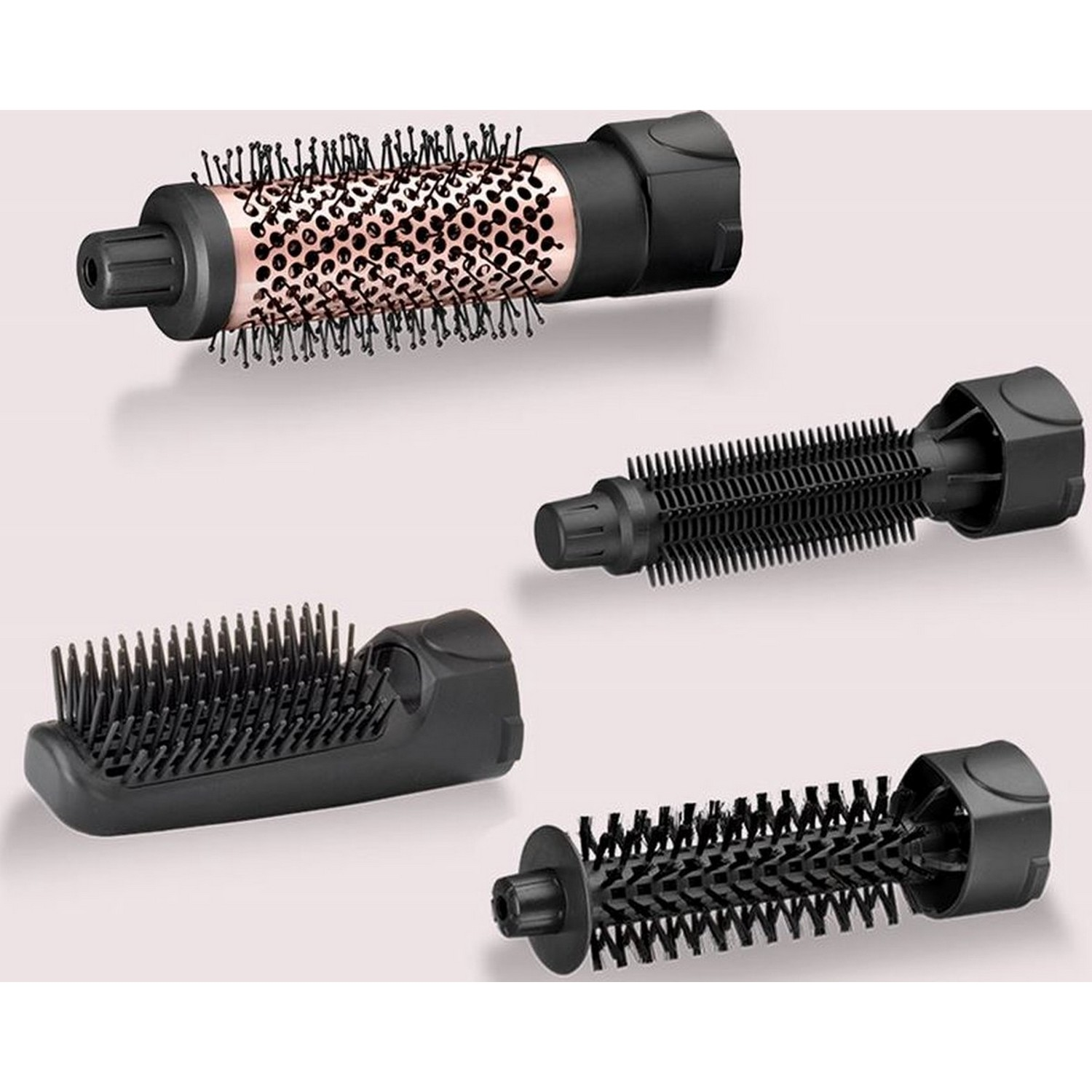 Accessoires de sèche-cheveux, comprenant brosses et un peigne.