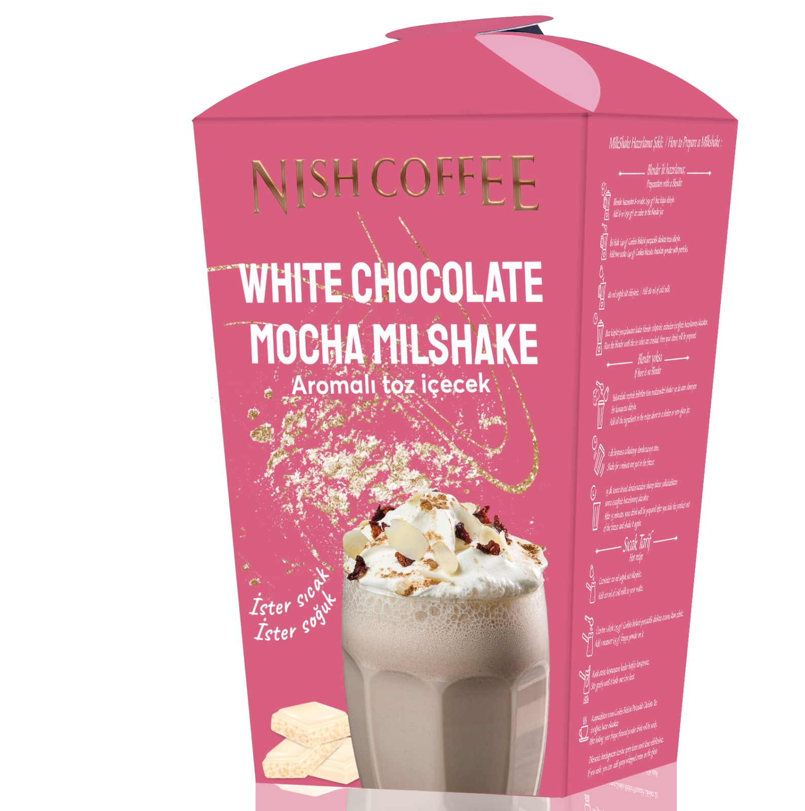 Pembe Nish Coffee kutusu. Beyaz çikolatalı mocha milkshake içerir. İçeceğin bir bardağı gösterilmektedir.