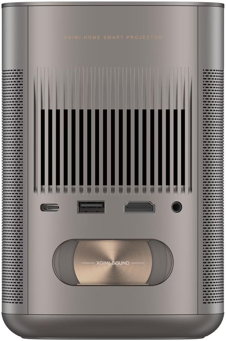 Un projecteur gris et cylindrique avec des ports et un haut-parleur. La marque 'XGIMI' est sur le devant.