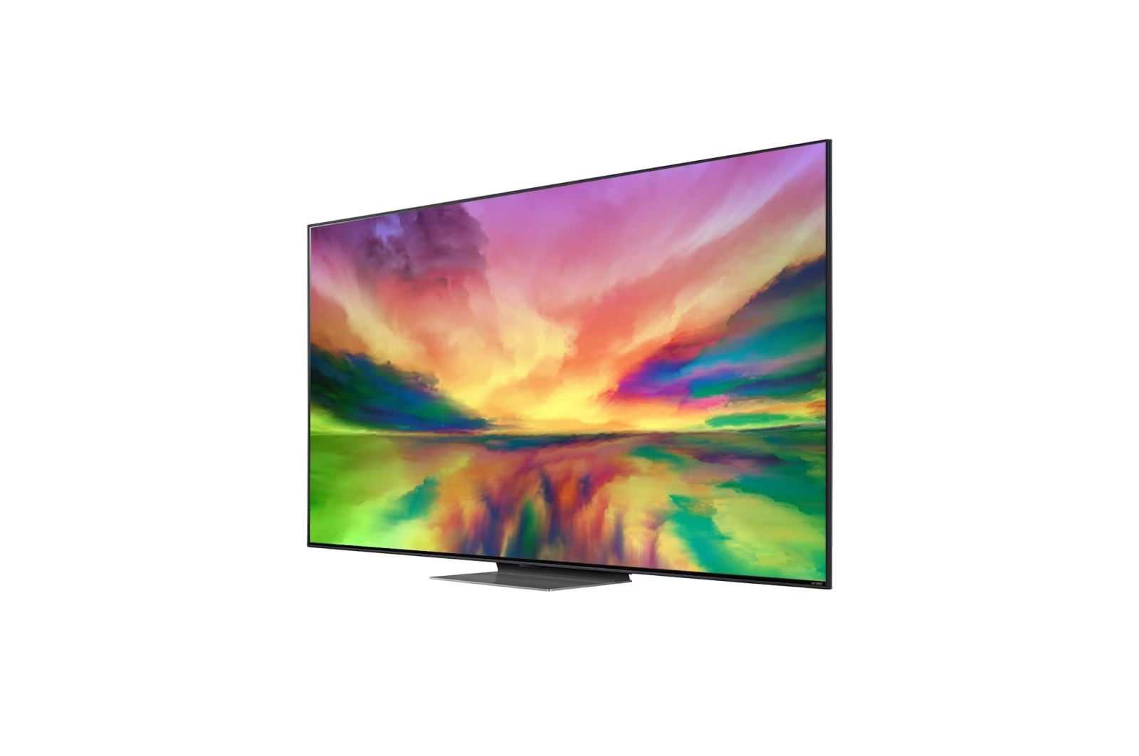 Moderner Fernseher mit farbenfroher abstrakter Kunst, angewinkelte Ansicht.