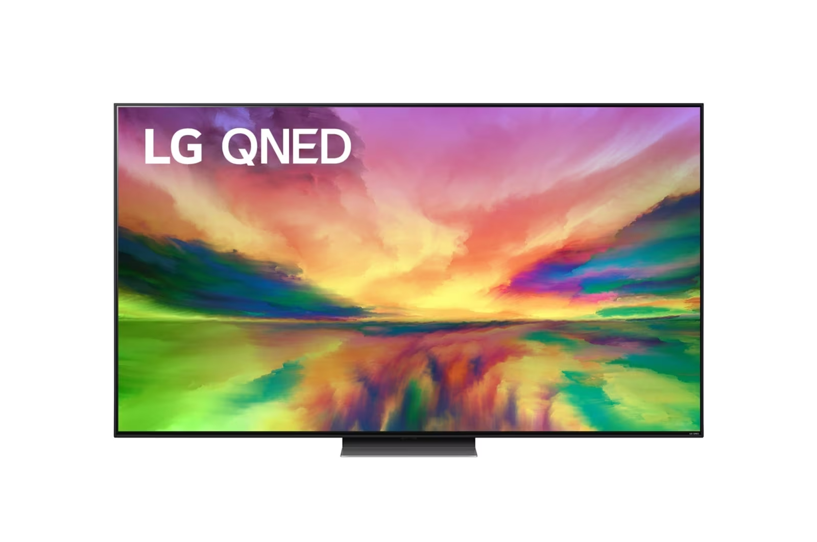 LG QNED TV-Bildschirm, der eine farbenfrohe abstrakte Landschaft zeigt.