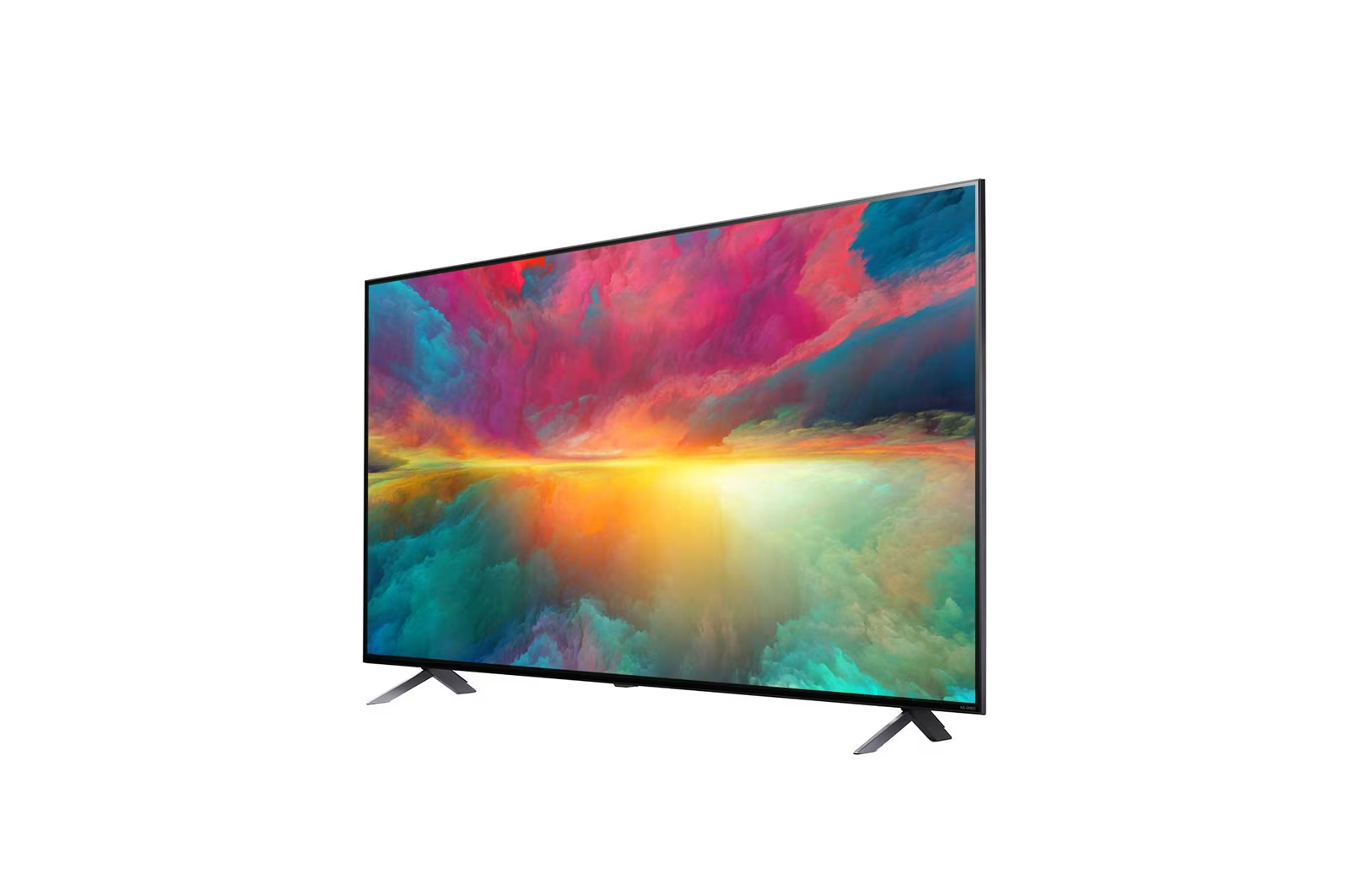 Fernseher zeigt farbenfrohe abstrakte Kunst vor weißem Hintergrund.