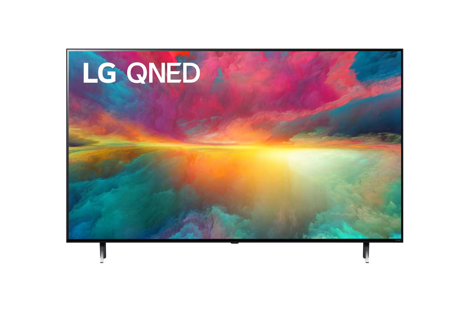 LG QNED TV, das farbenfrohe abstrakte Kunst vor weißem Hintergrund zeigt.