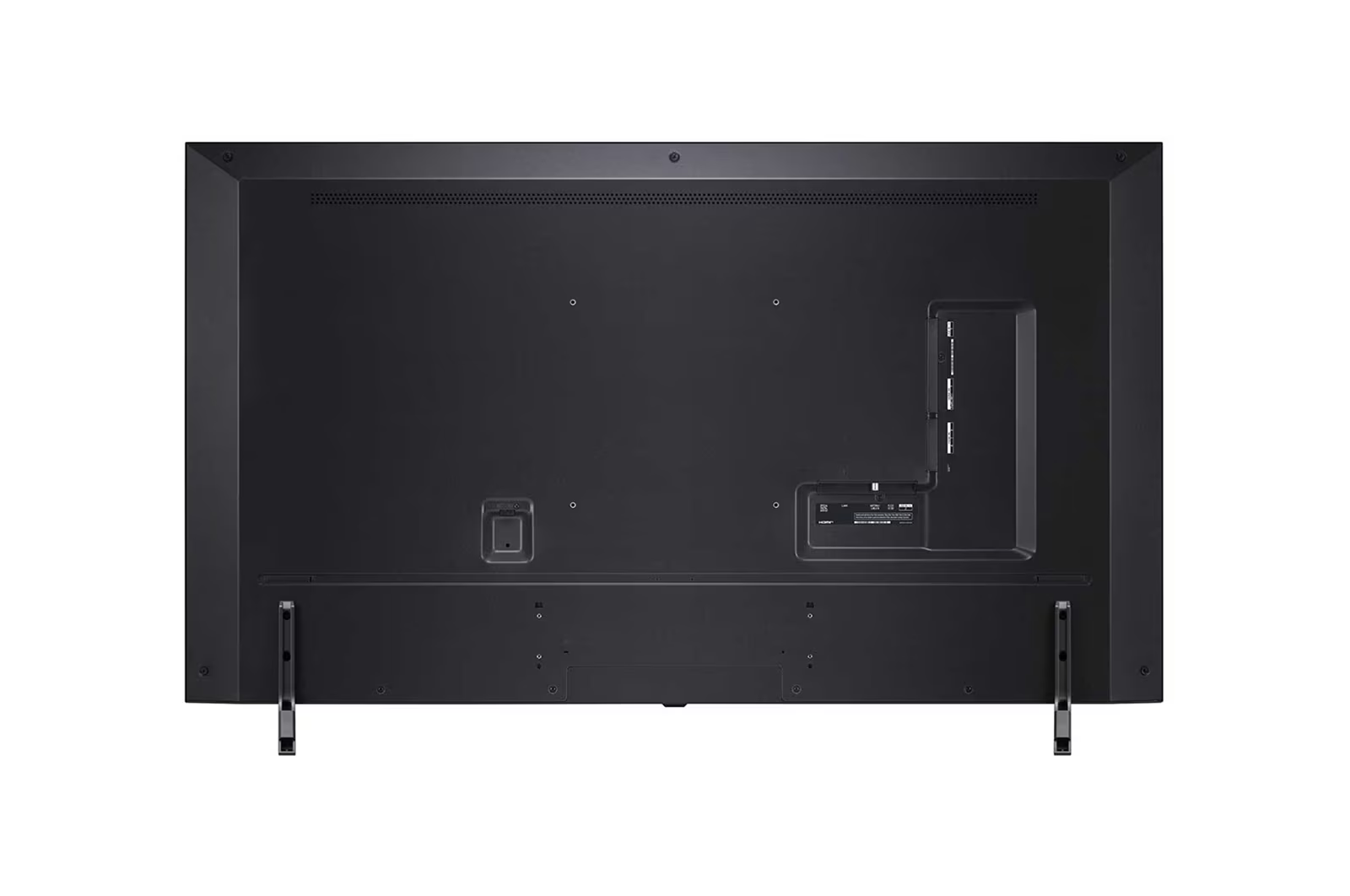 Rückansicht eines schwarzen LG-Fernsehers mit Anschlüssen und Standbeinen.