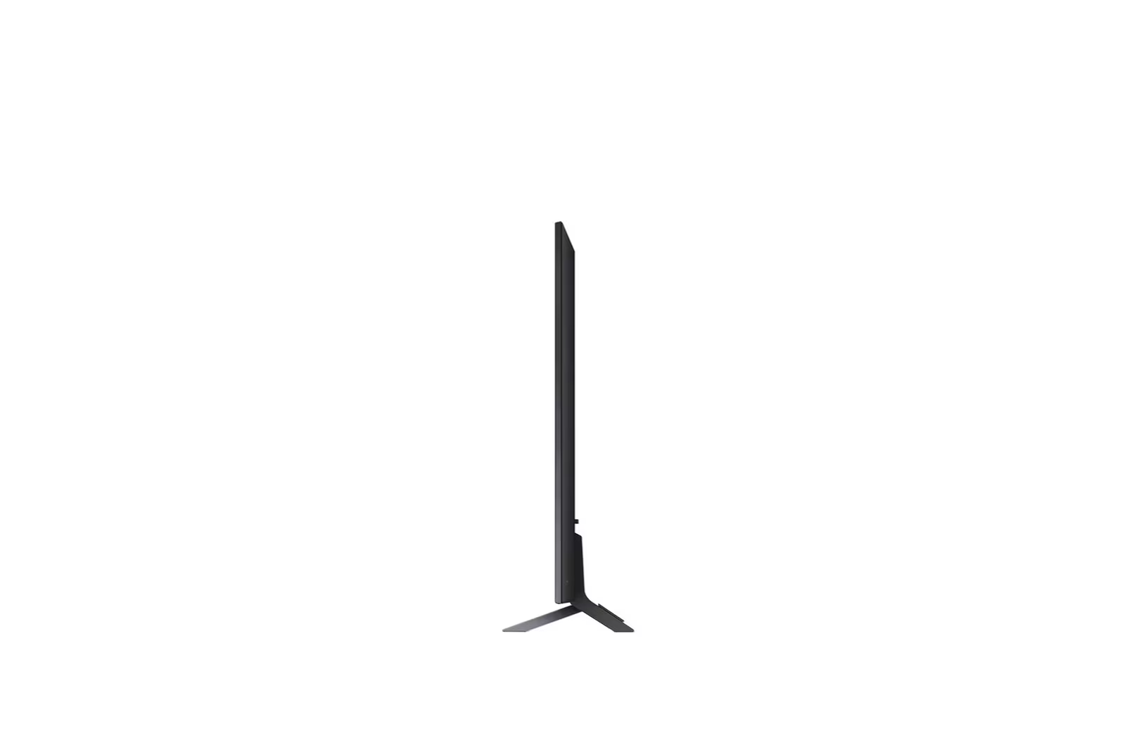 Ein schlanker, schwarzer Fernseher, Seitenansicht, mit einem Ständer. Er steht vor einem weißen Hintergrund.